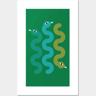 Squiggly Snakes on Teal Green – Retro 70s Wavy Snake Pattern Posters and Art